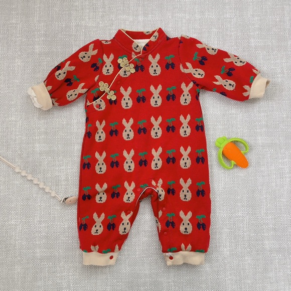 Chinese QiPao Red sweater long sleeve bodysuit - Picture 5 of 11